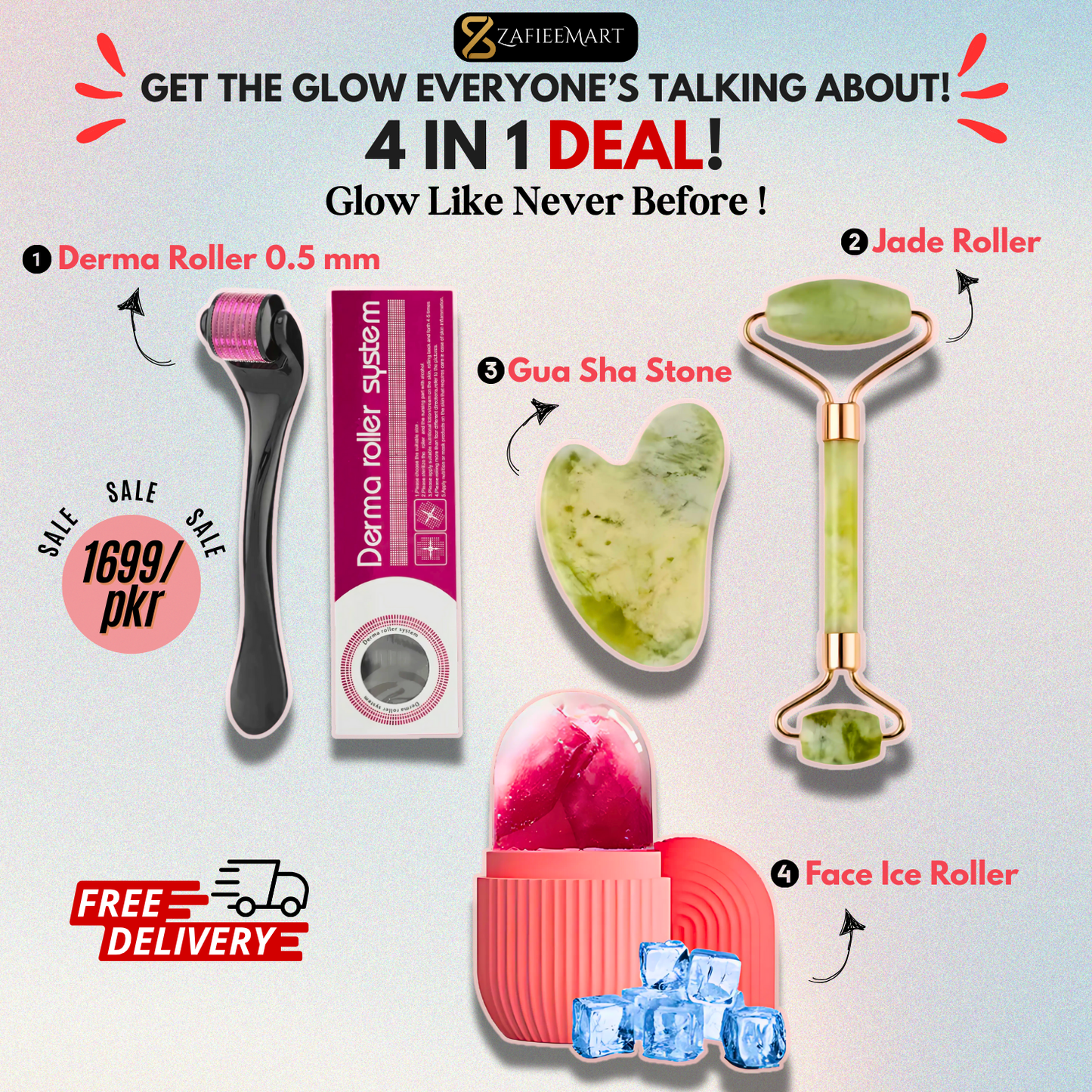 Glow Up Kit 4-in-1 | Jade Roller, Gua Sha, Derma Roller & Ice Roller - Zafiee Mart