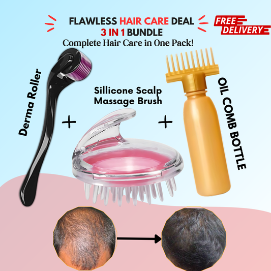 Flawless Hair Growth Kit – 3-in-1 Derma Roller, Scalp Massage Brush & Oil Applicator - Zafiee Mart