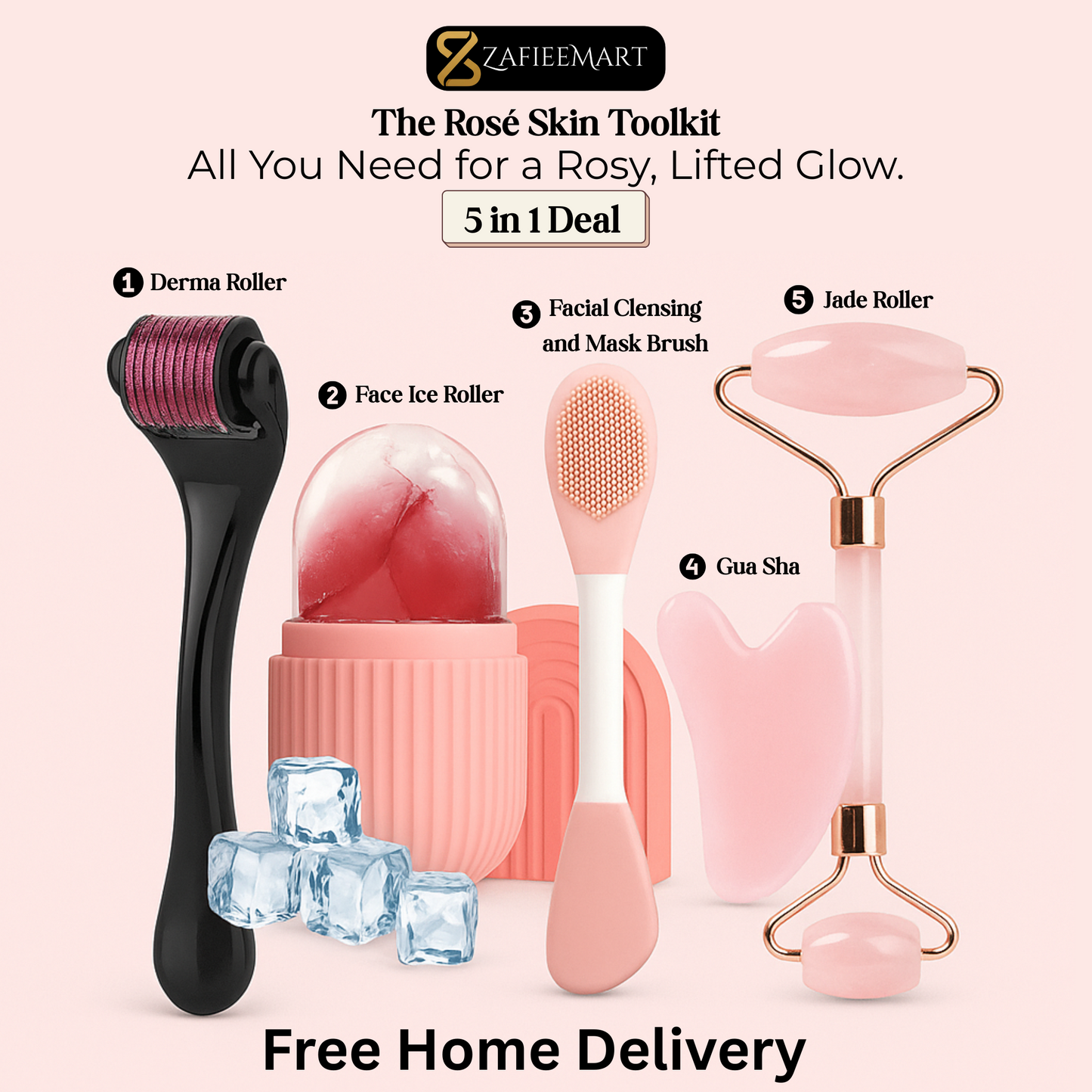 5-in-1 Rosé Skin Toolkit – Derma Roller, Face Ice Roller, Cleansing Brush, Gua Sha & Jade Roller - Zafiee Mart